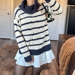 Chaps Striped Cable Knit Cowl Neck Sweater Drop Shoulder Nautical Coastal Navy
